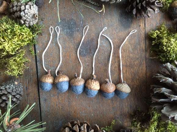 Felted Wool Acorn Ornaments, set of 6, Raincloud Blue