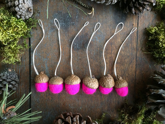 Felted Wool Acorn Ornaments, set of 6, Rhododendron Pink