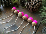 Felted Wool Acorn Ornaments, set of 6, Neon Pink