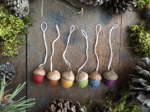 Felted Wool Acorn Ornaments, set of 6, Earth Tones Rainbow