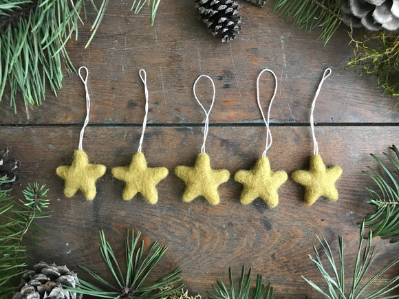 Wool star ornaments, set of 5, Gold Clay Yellow